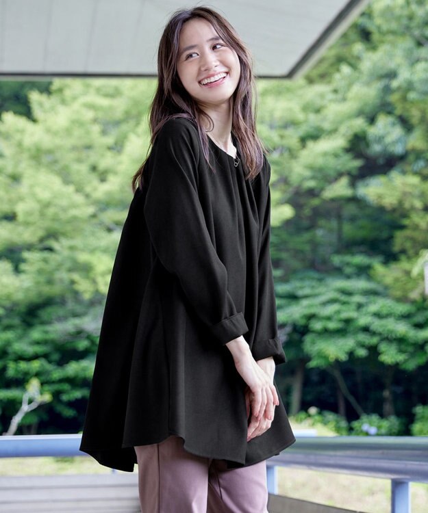 Tiaclasse L 【洗える】フロントタックバックギャザーフレアチュニックブラウス ブラック