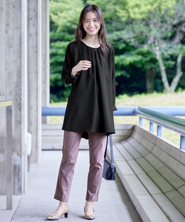 Tiaclasse L 【洗える】フロントタックバックギャザーフレアチュニックブラウス ブラック