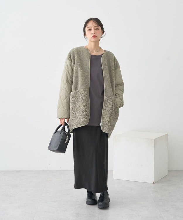earth music&ecology ボアキルトミドルコート Khaki