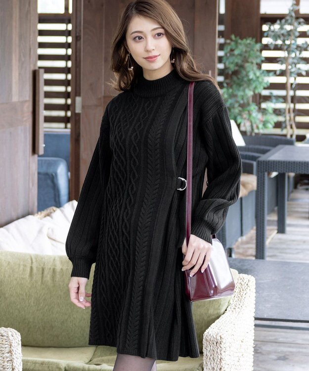 Tiaclasse アラン柄ニットチュニックワンピース ブラック