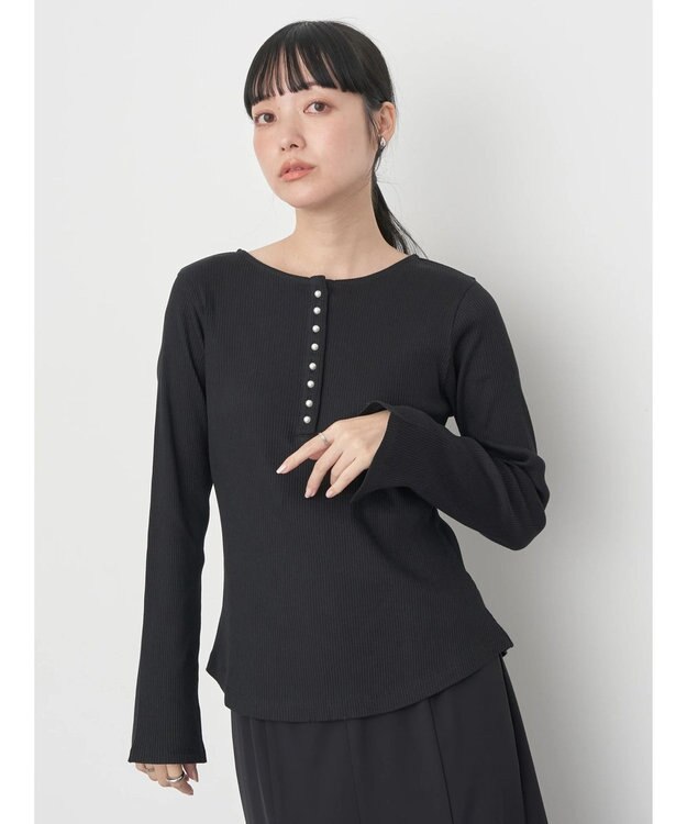 earth music&ecology パールヘンリーリブプルオーバー Black