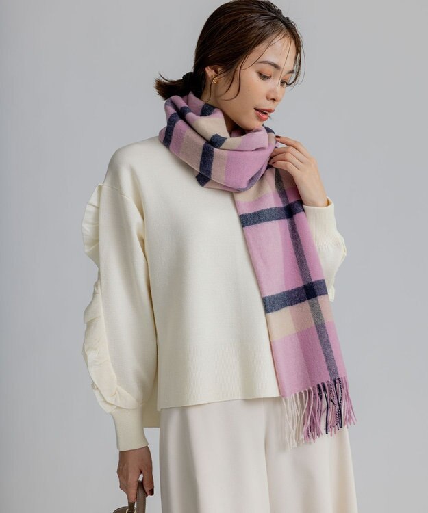 組曲 ウールマルチチェックストール ピンク系3