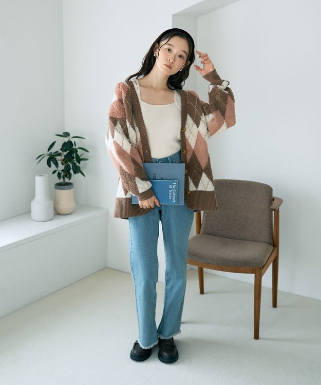 earth music&ecology ループ編みアーガイルカーディガン Mocha