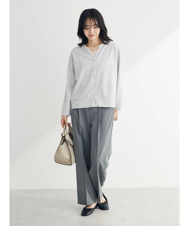 Green Parks カットジョーゼットドットボタンカーディガン Light Gray