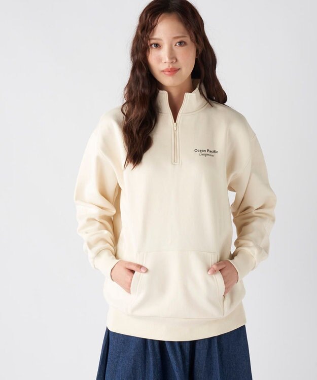 OP／FILA 【ocean pacific】Daily Cozy/あったか裏起毛ハーフジップロゴスウェット アイボリー