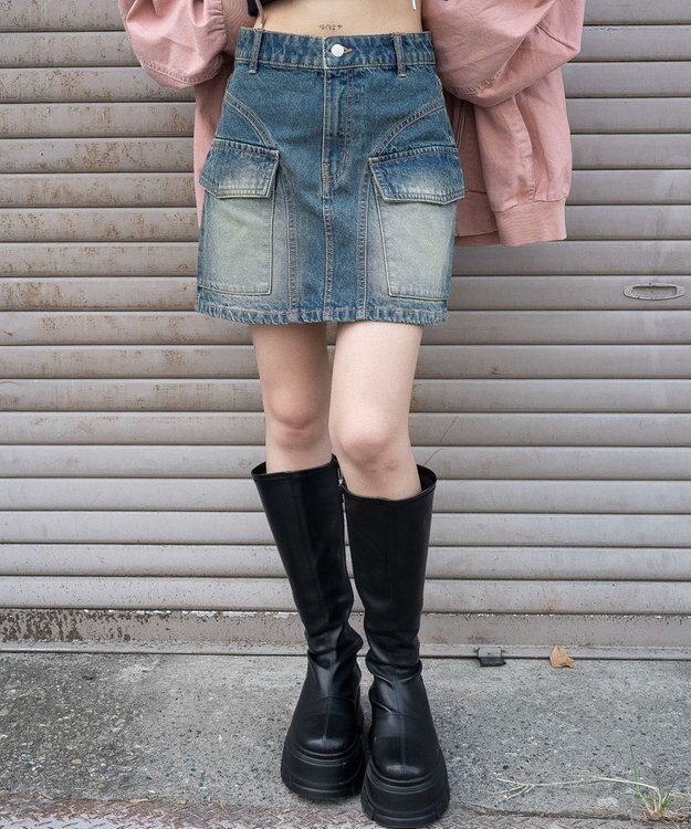 WEGO ヴィンテージウォッシュカーゴミニスカート デニム中濃加工色