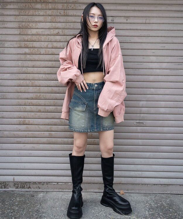 WEGO ヴィンテージウォッシュカーゴミニスカート デニム中濃加工色