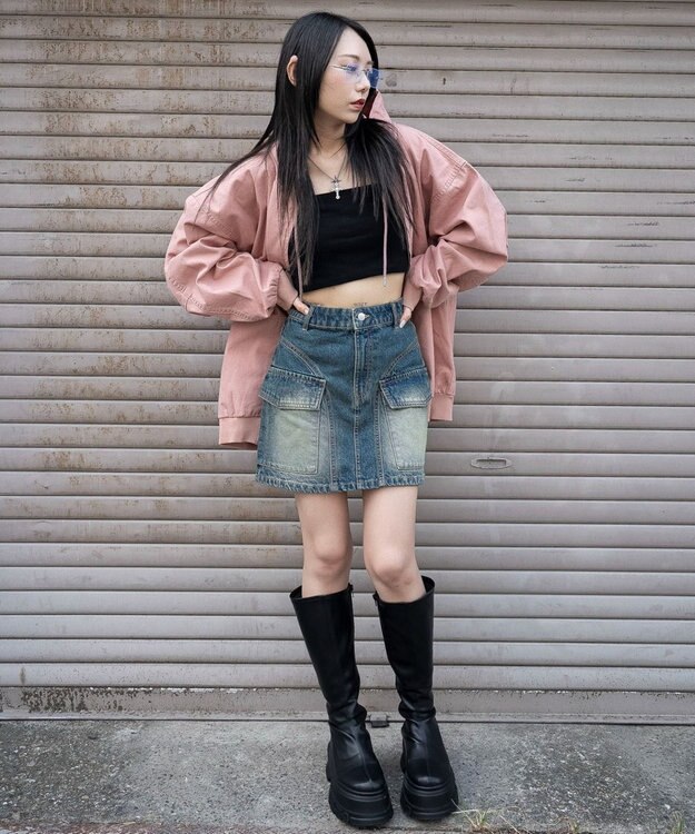 WEGO ヴィンテージウォッシュカーゴミニスカート デニム中濃加工色