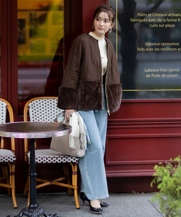 ANY SIS S フェイクファーコンビキルティング アウター ブラウン