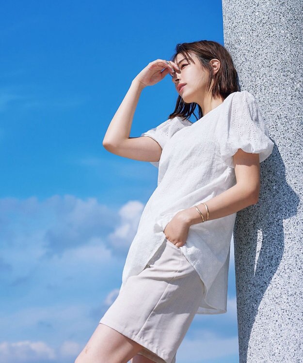 Tiaclasse 【2TYPE/総レース・袖レース】パンチングレースパフスリーブチュニックブラウス Aオフホワイト(総レース）