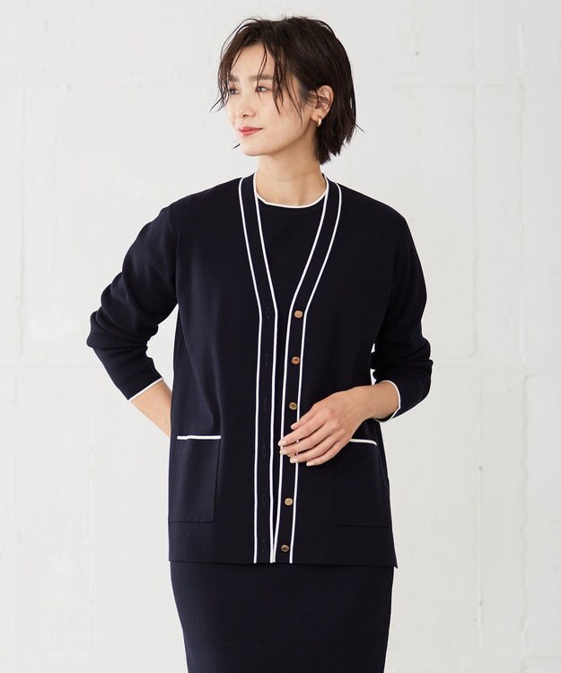 J.PRESS LADIES 【洗える】 レーヨンストレッチフルニードル カーディガン ネイビー系
