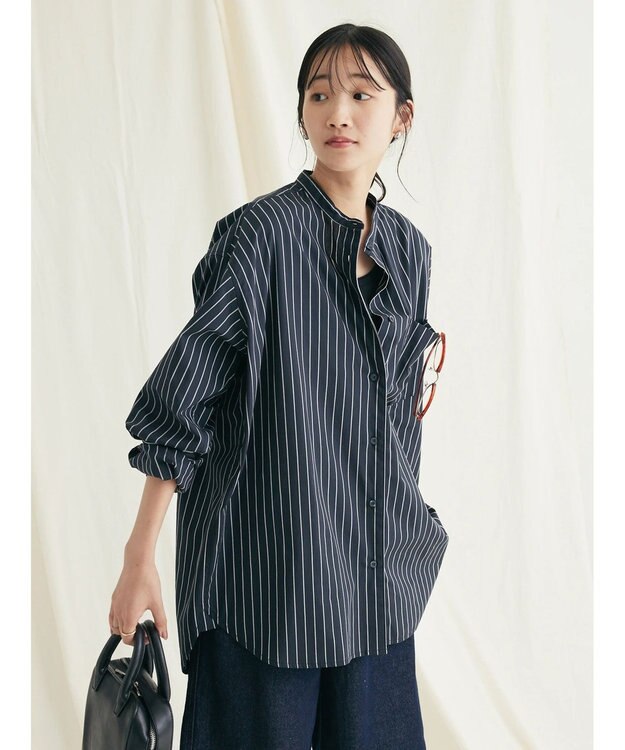 CRAFT STANDARD BOUTIQUE バンドカラーシャツ Stripe Navy