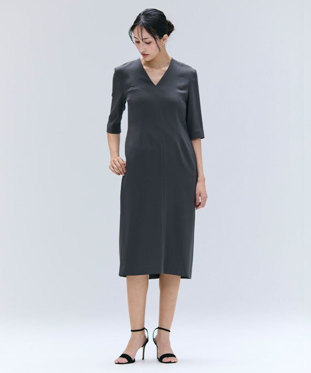 BEIGE， 【洗える・L-size】CINDY / Vネックハーフスリーブワンピース C.Gray x White