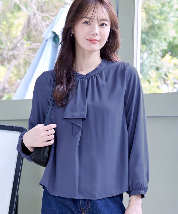 Tiaclasse 【洗える・スマート裏起毛】ジョーゼットフリルブラウス ブルー