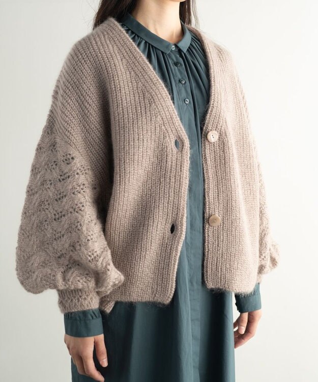 muuc 〈高品質シルク＆アンゴラモヘア〉模様編み ボリューム袖 カーディガン ベージュ