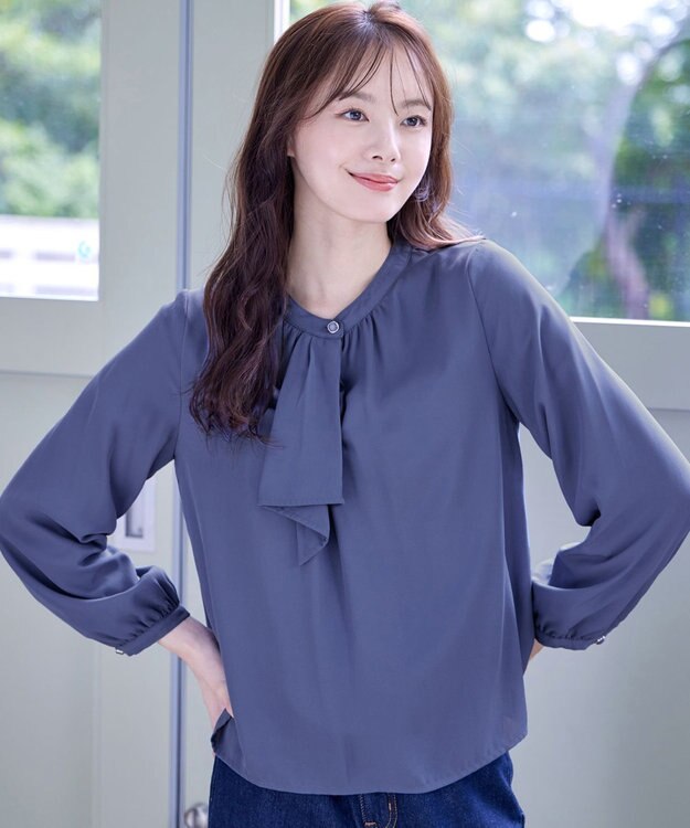 Tiaclasse 【洗える・スマート裏起毛】ジョーゼットフリルブラウス ブルー