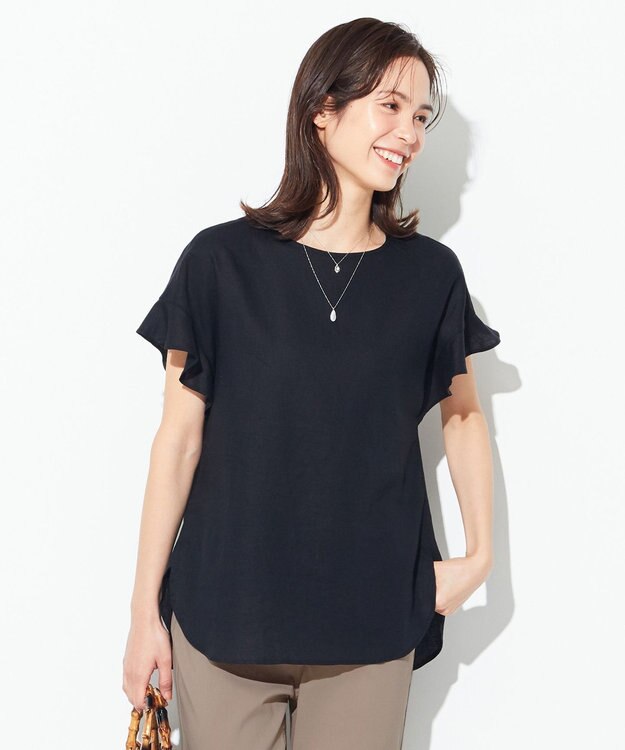 ANY 【洗える】ライトリネンクロスフレアスリーブ ブラウス ブラック