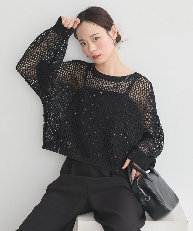 earth music&ecology スパンコールメッシュニットプルオーバー Black