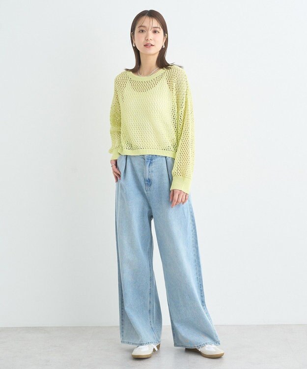 earth music&ecology スパンコールメッシュニットプルオーバー Lime Green