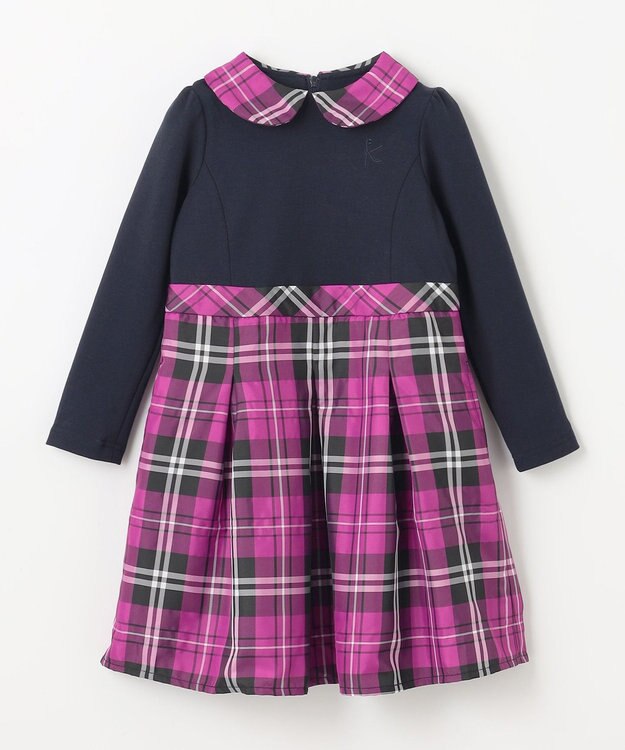 組曲 KIDS 【110-140㎝】チェックタフタドッキング ワンピース ベリーピンク系