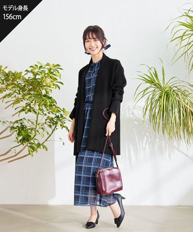 Tiaclasse L 【新色追加・洗える】チェック柄フレア袖シアーワンピース ネイビー