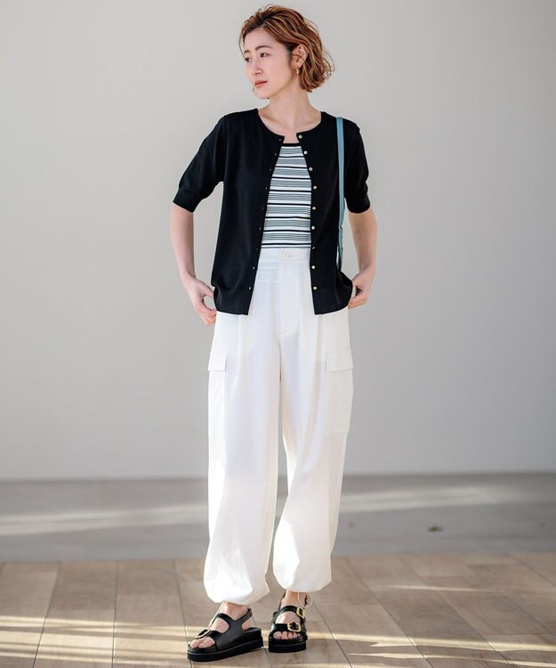 23区 S 【洗える】レーヨンポリエステルストレッチ 5分袖 カーディガン ブラック系