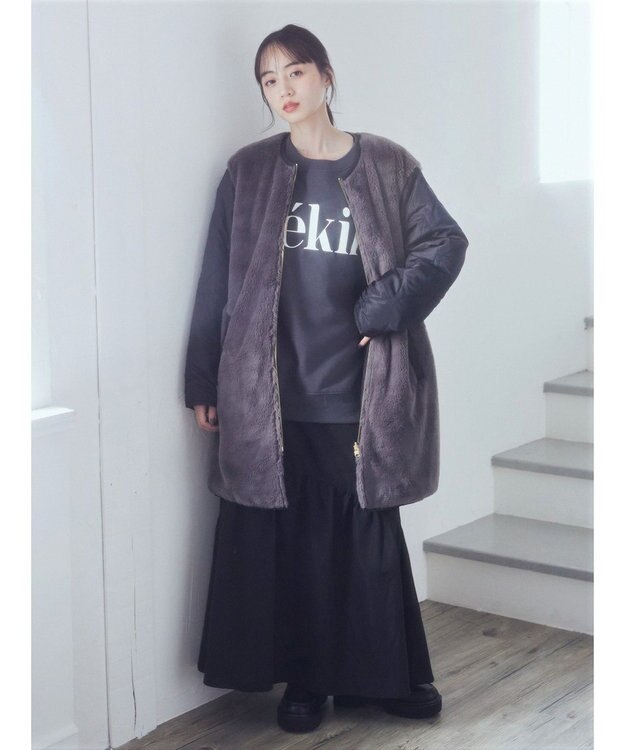 earth music&ecology ファー＆キルティングリバーシブルコート Black