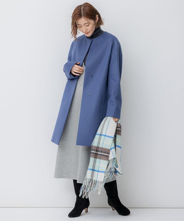 23区 L ウールカシミヤビーバー ノーカラー コート ダルブルー系