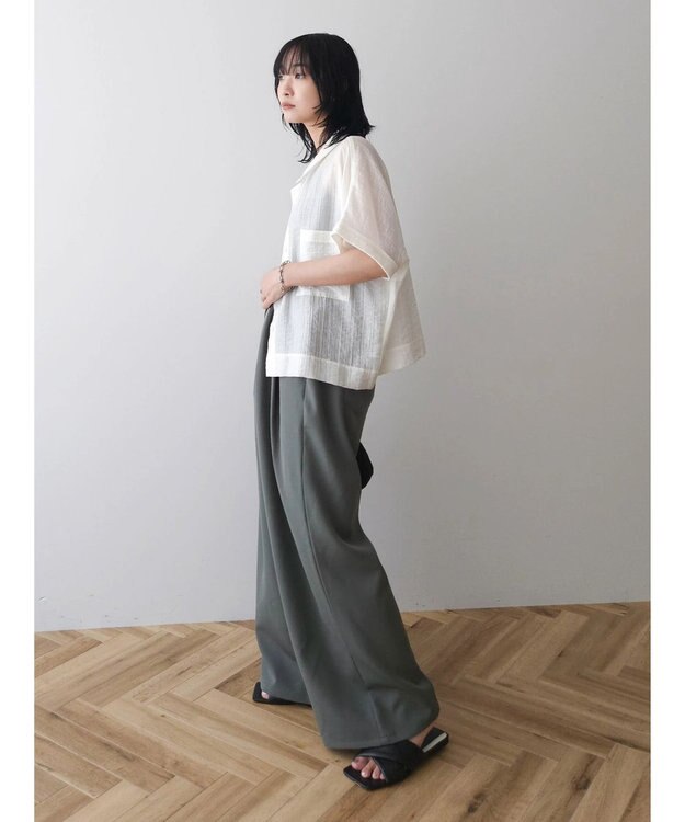 Green Parks シアーストライプショート丈シャツ Off White