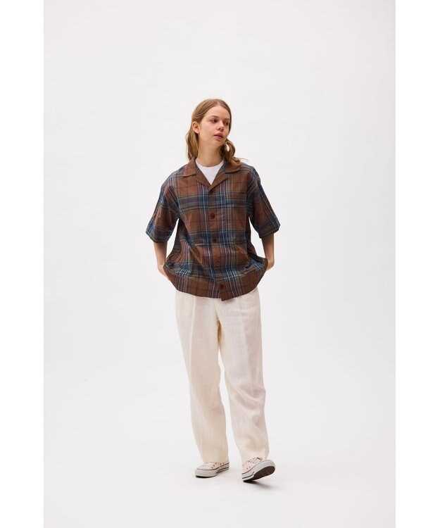 LENO DARK MADRAS CHECK OPEN COLLAR SHIRTS / マドラスチェックブラウス BROWN