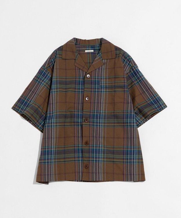 LENO DARK MADRAS CHECK OPEN COLLAR SHIRTS / マドラスチェックブラウス BROWN