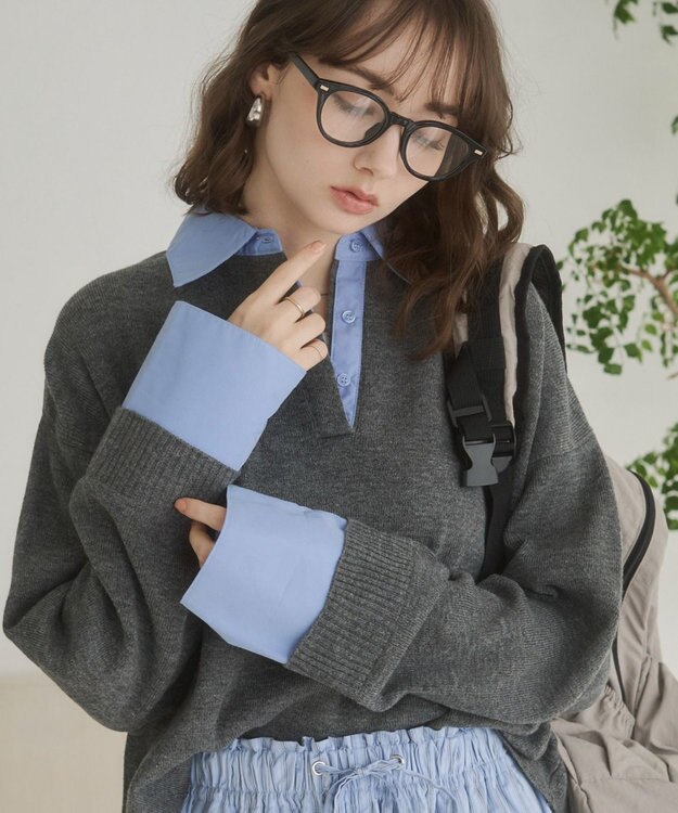 WEGO 【ANGIE VINTAGE】シャツ襟 ドッキング　フェイクレイヤード ニット トップス グレー