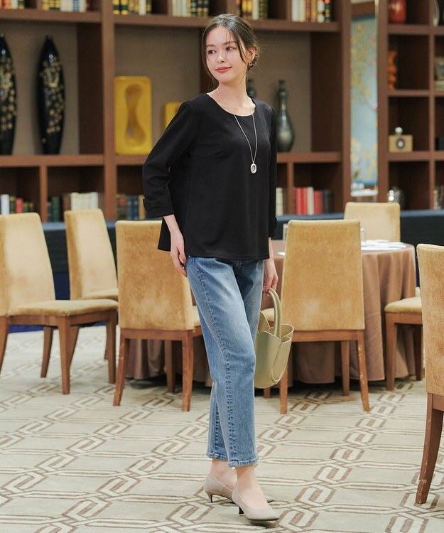 Tiaclasse 【洗える】リボン袖ポンチトップス ブラック