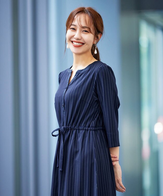 Tiaclasse L 【新色追加・洗える】配色キーネックストライプワンピース ネイビー×ネイビー