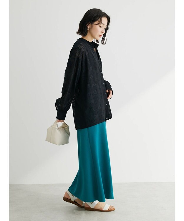 Green Parks カットジョーゼット裾フレアスカート Blue Green