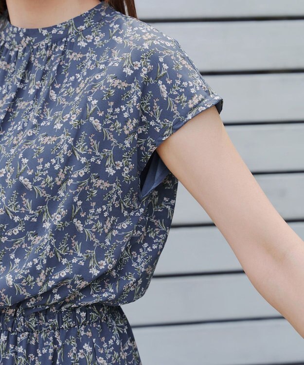 Tiaclasse 【洗える】花柄フレンチスリーブワンピース ブルー