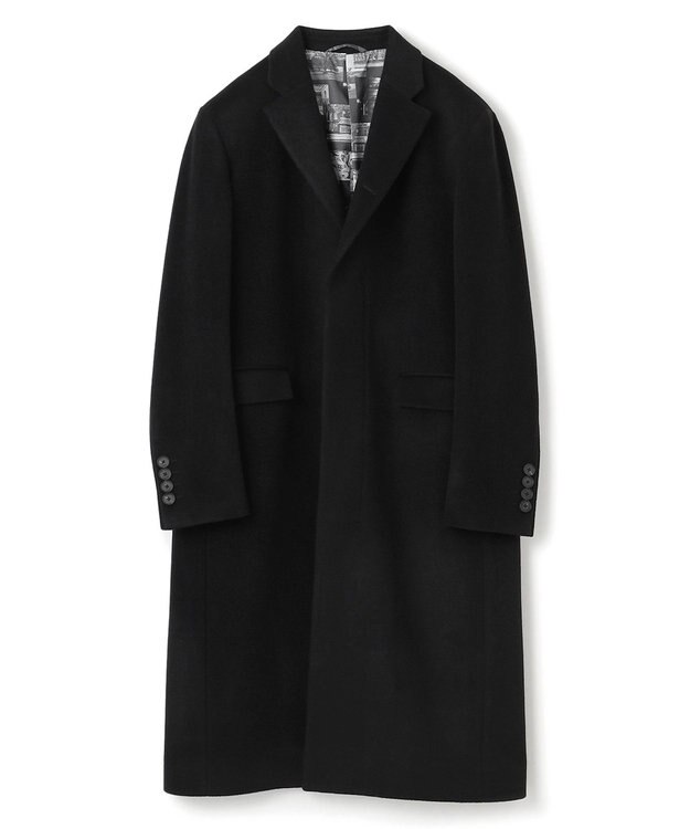 JOSEPH HOMME グロッシーウール 　チェスターコート　＜裏地：フォトコラージュプリント＞ ブラック系