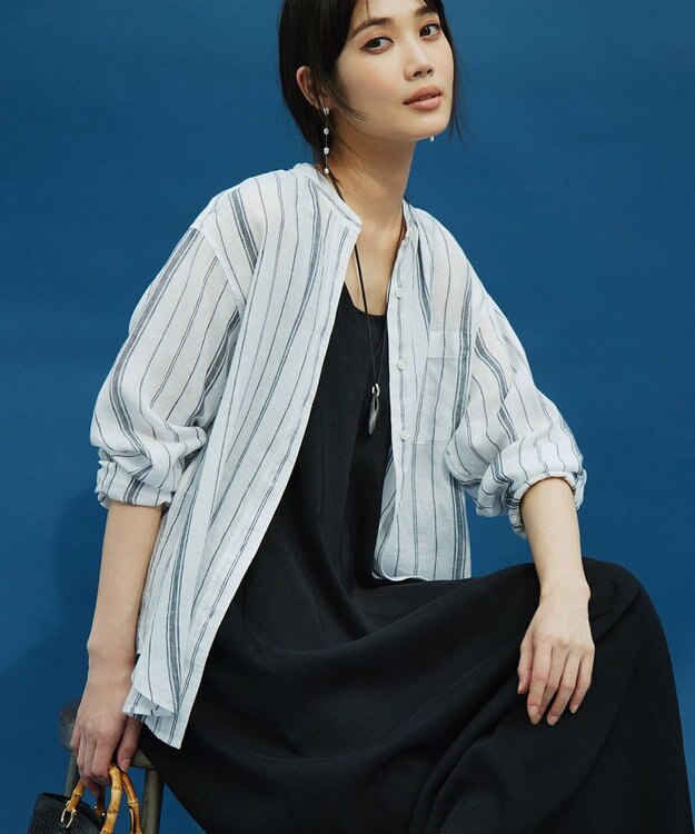 23区 【洗える】LIBECO バンドカラー シャツ ホワイト×ネイビーストライプ