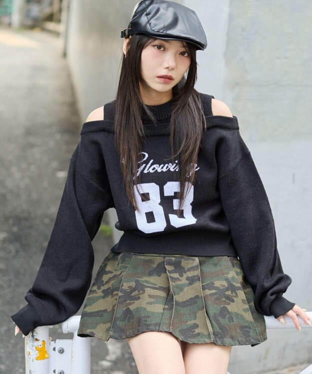 WEGO オープンショルダーナンバリングニット ブラック