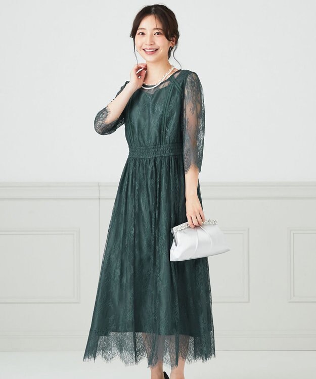 ANY SIS 【洗える】パネルレース ドレス ダークグリーン