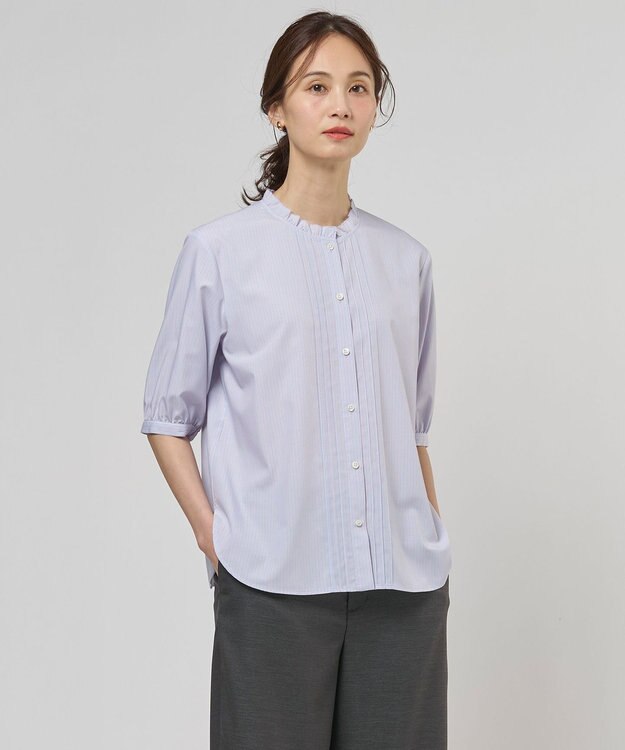 J.PRESS LADIES 【一枚で着映え】ソフトストライプ フリル襟 ブラウス サックスブルーストライプ系
