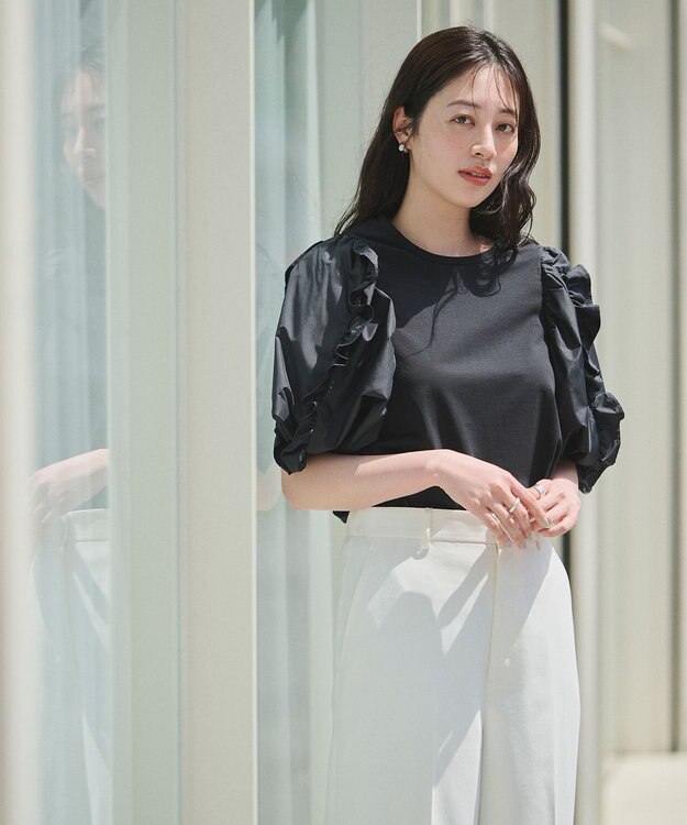 #Newans 【撥水・吸水速乾】コンビネーションフリルスリーブカットソー ブラック系