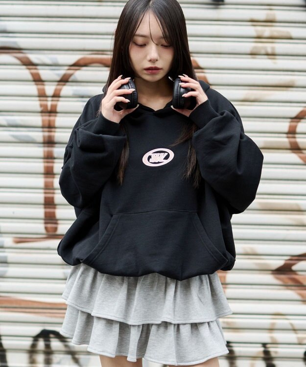 WEGO 【ユニセックス着用ITEM/裏起毛】バルーンクロップドグラフィックプルパーカー ブラック