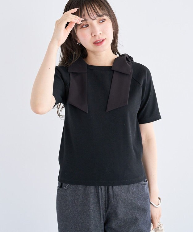 Green Parks ・ｓｗｉｎｇ　ｂｙ　ショルダーリボンリブカットソー Black