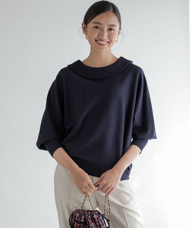 組曲 S 【加藤ローサさん着用 / 前後着用可】スムースストレッチロールネック ニット ネイビー系