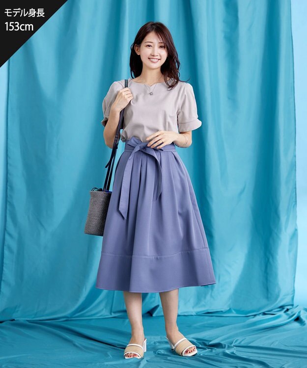 Tiaclasse L 【洗える】リボン付きフレアスカート ブルー