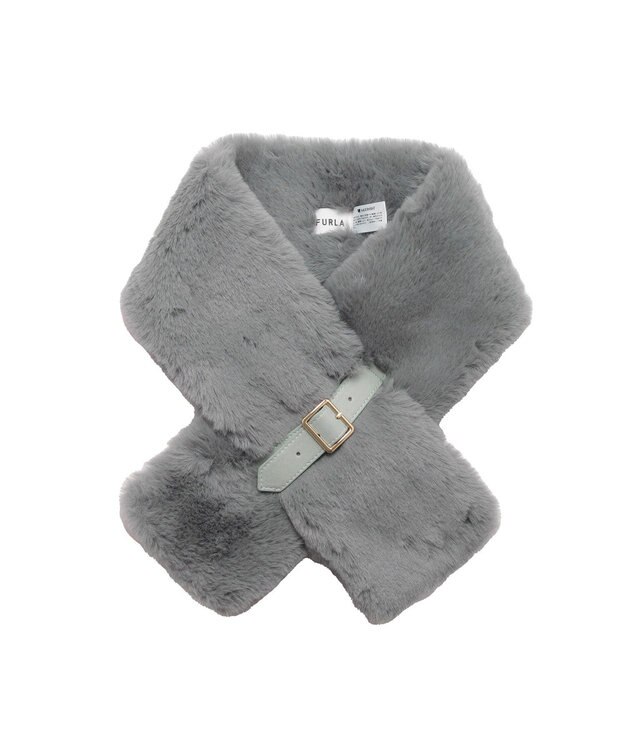 MOONBAT 【大人百花1月号掲載】FURLA フェイクファーマフラー ベルト差し込み ファーティペット ロゴプレート付 ダークグレー