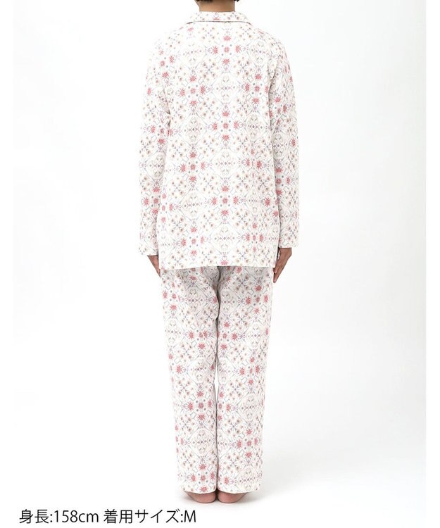 WACOAL ワコール_リラックス＆スリープ パジャマ 長袖 長ズボン 綿混(本体) ダブルジャカード素材 上下セット 前開き S~3L 大きいサイズ ミントン NDW423 /ワコール ホワイト