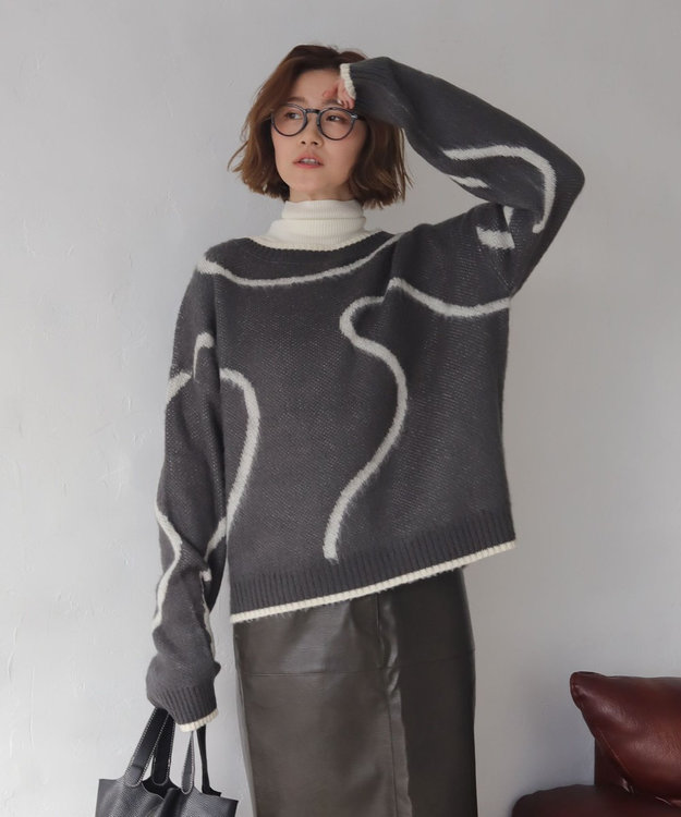 WEGO 【25年秋冬新作】ニュアンスライン配色プルオーバー ブラック中濃色