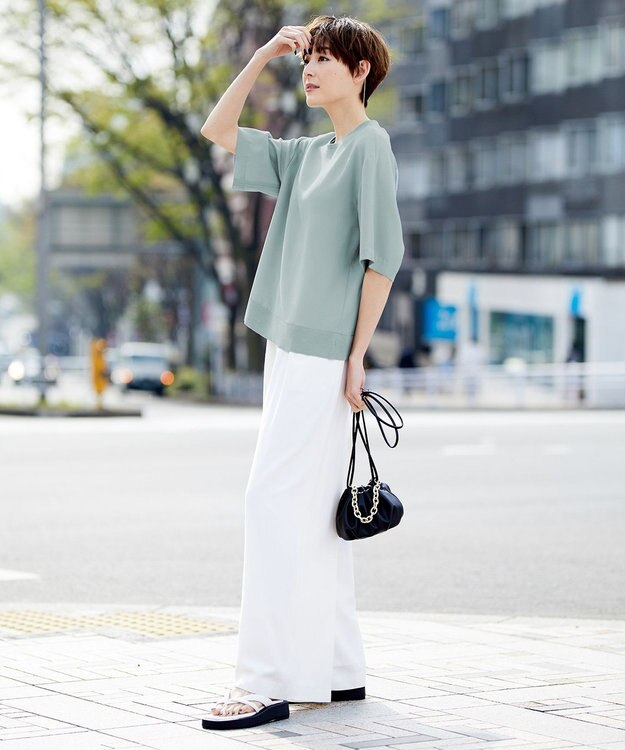 ICB 【新色追加・洗える】 FluidBackSatin Tブラウス ジェイドグレー系